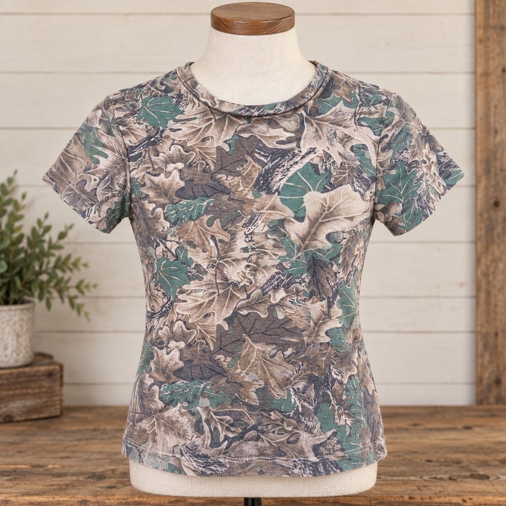 Full Tilt Women Camo Leaf Print Cotton T-Shirt Small Brown Green Woodland Tee